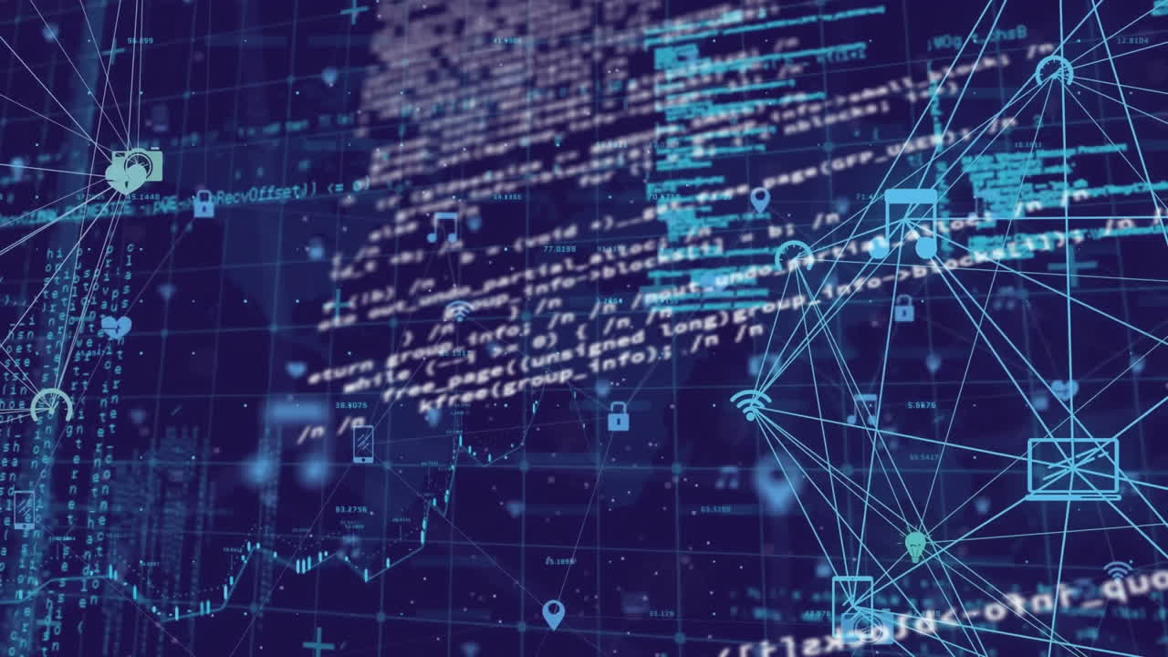 Animation of connected icons globes and computer language over abstract background