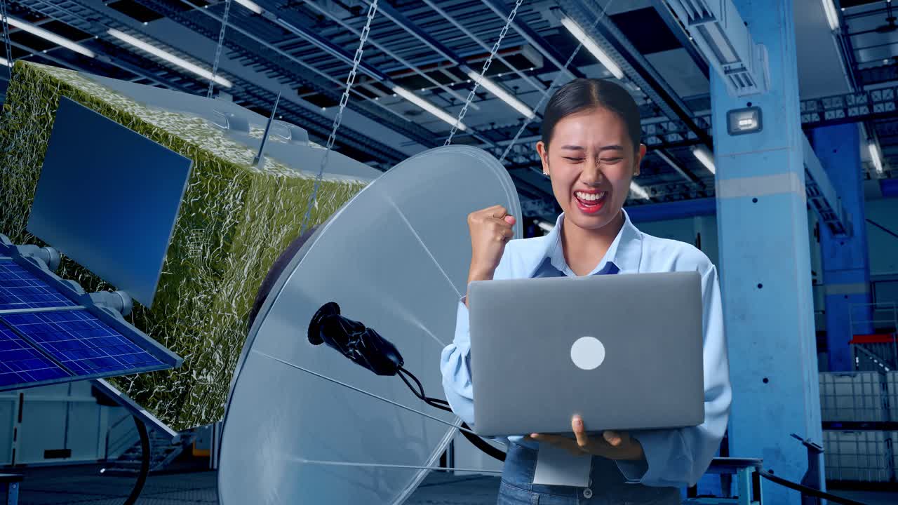 위성 기술로 성공을 축하하는 여성