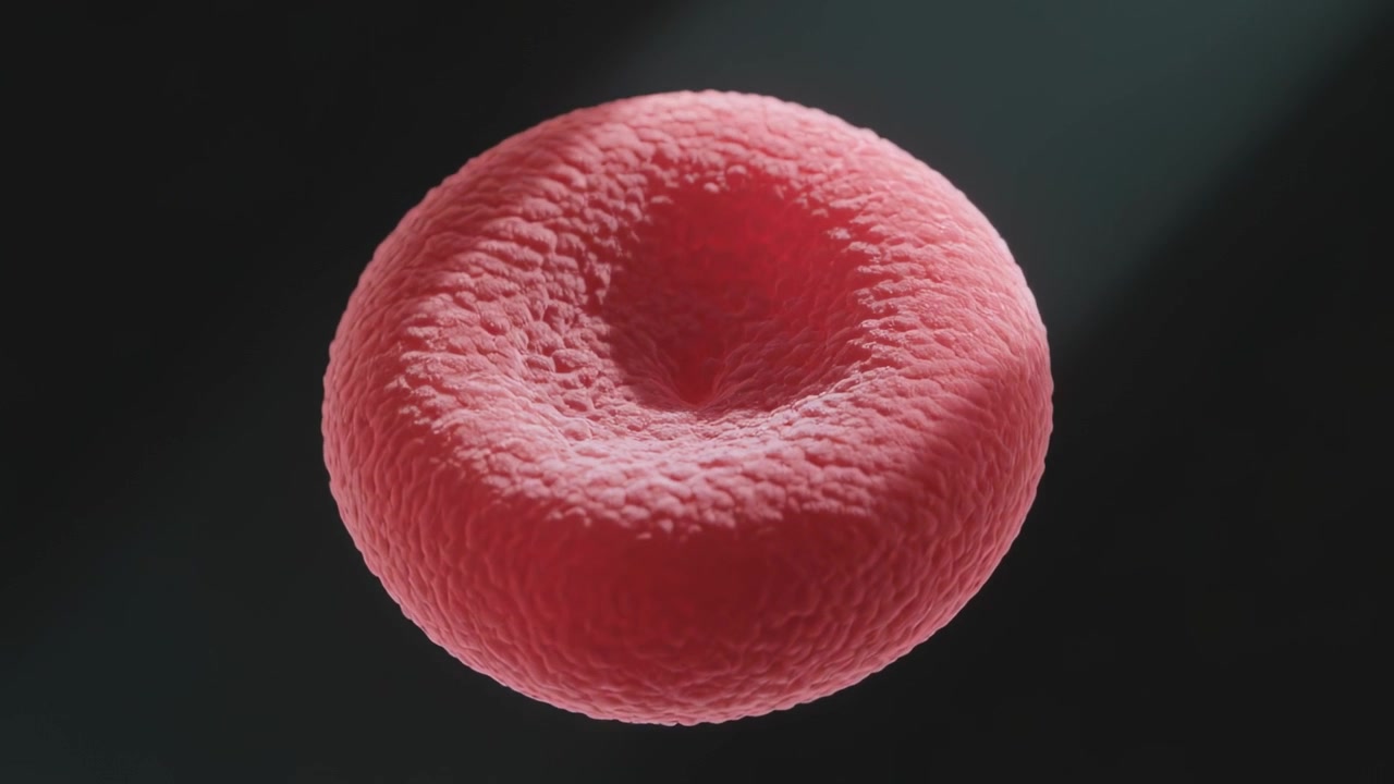 Scena che inizia con un eritrocita che ruota, si inclina e si ingrandisce per rivelare la forma biconcava nel campo microscopico.