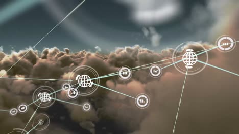 Animation-of-networks-of-connections-with-icons-over-sky