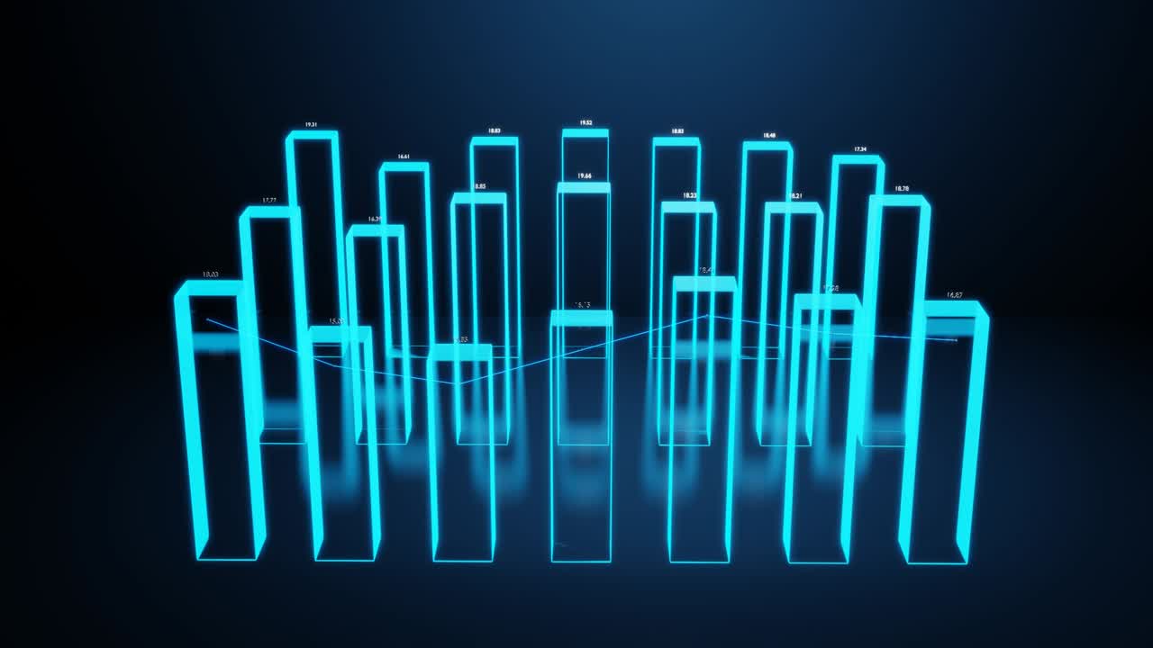 Hologram, beautiful bg with abstract infographics. Holographic bars, counters and graph. 3d columns smoothly move up and down in loop. Financial background of columns and graph for analytical programs