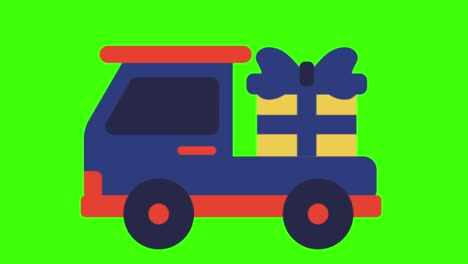 ilustración animada en 2d de un camión llevando un regalo en una pantalla verde