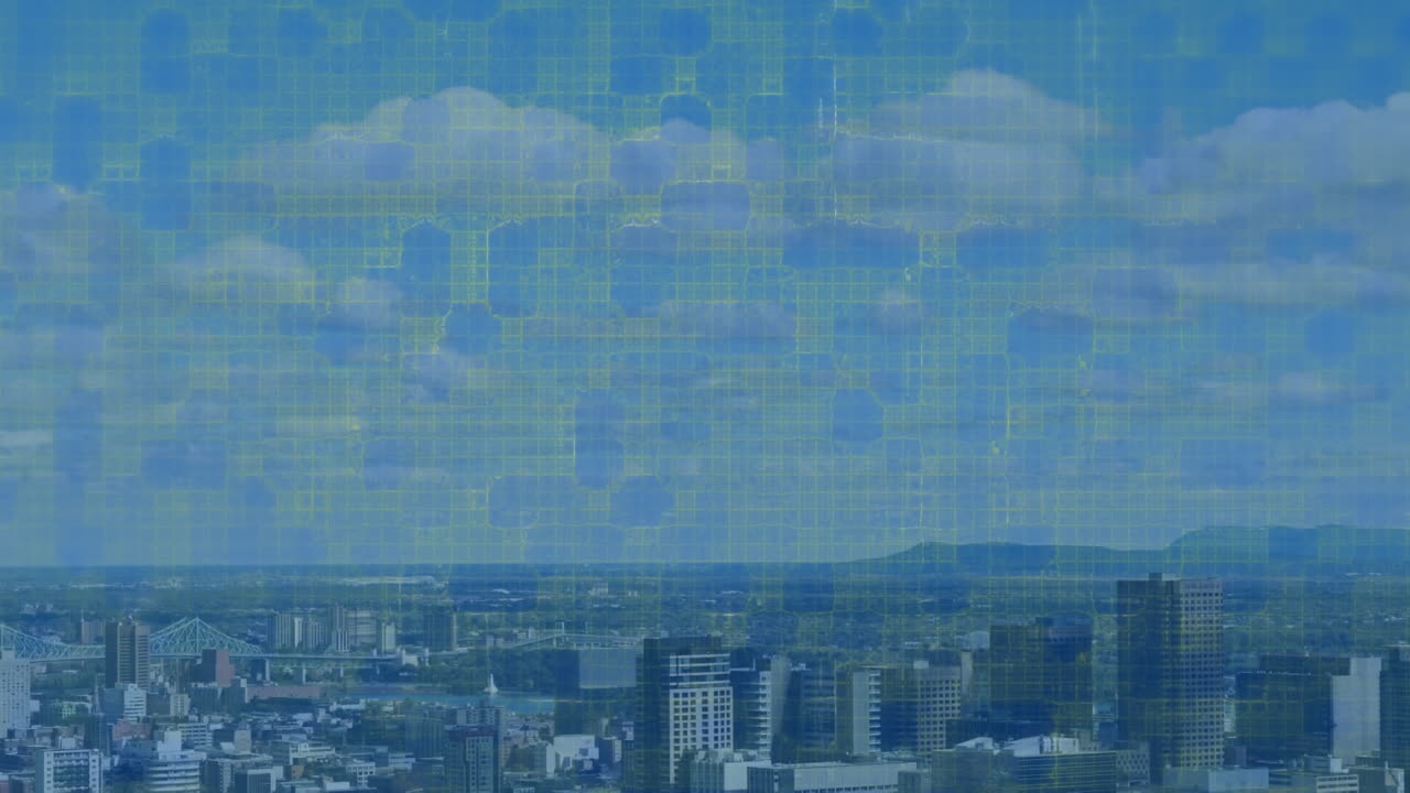 도시 풍경 위의 데이터 처리와 함께 메쉬의 애니메이션