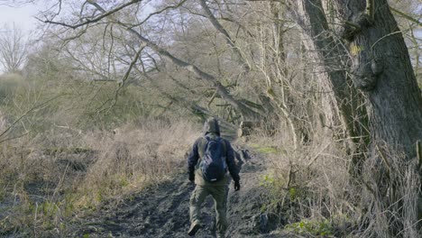 Static-shot-of-male-hiker-walking-away-on-a-dirt-road-through-Thetford-forest,-Norfolk,-UK-on-a-bright-sunny-day