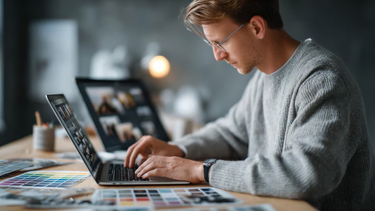 Focused Creative Professional Working on Laptop Surrounded by Color Swatches and Design Materials in a Modern Workspace