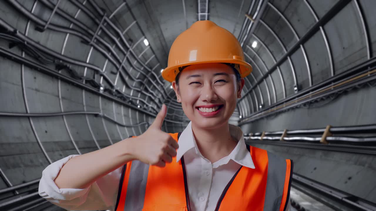 Close Up Of Asian Female Engineer With Safety Helmet Smiling And Showing Thumbs Up Gesture To The Camera In Underground Subway Tunnel