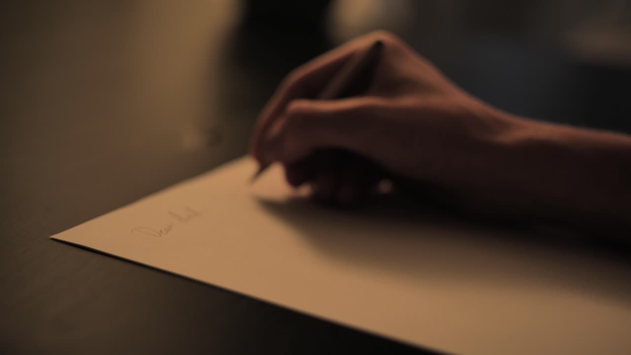 Writing letter, close up of hand writing a letter with pencil