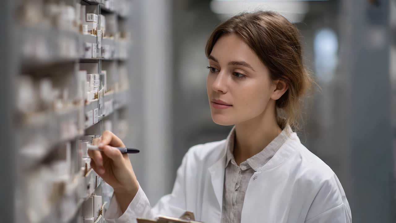 A focused young professional in a white lab coat meticulously organizes and reviews medicine containers on a shelf, showcasing dedication in a pharmaceutical setting