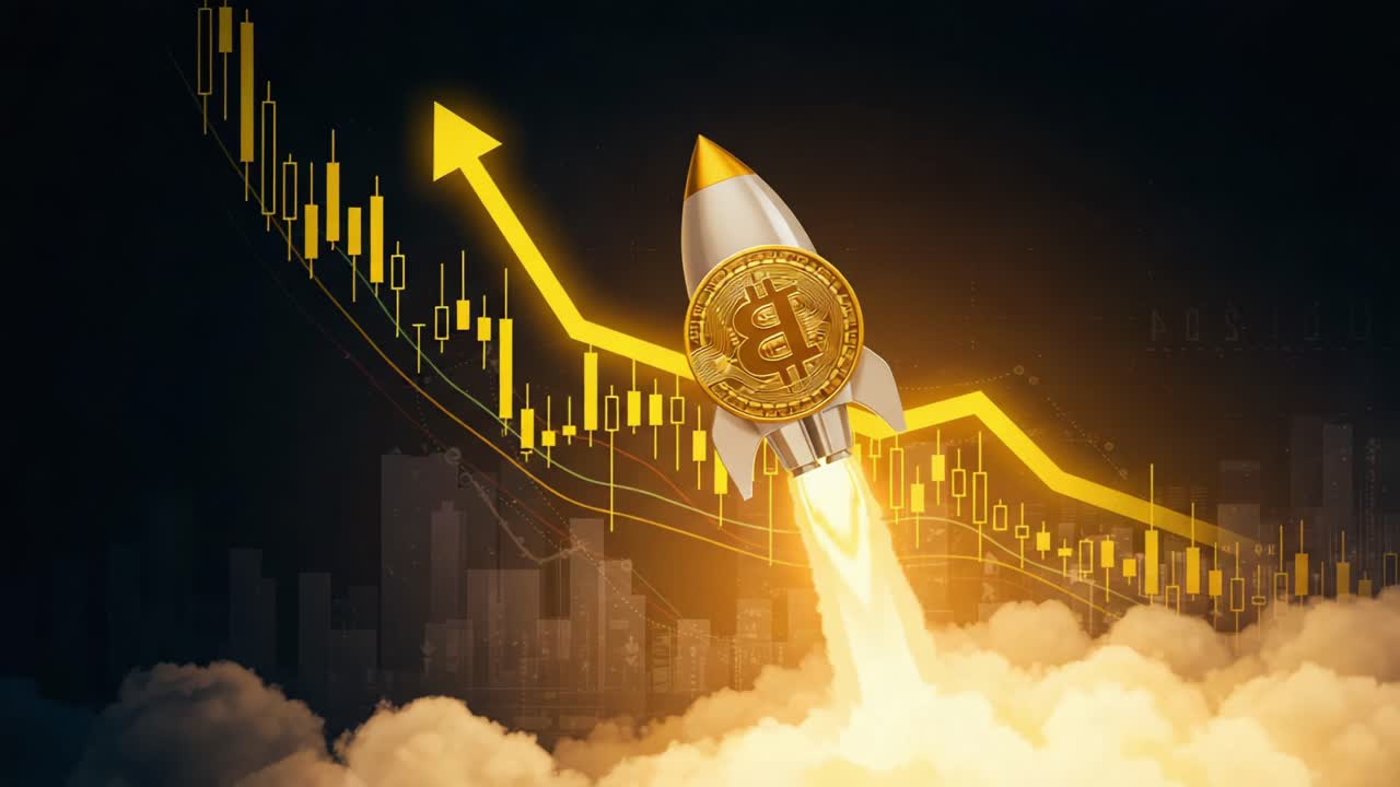 A Symbolic Representation of Bitcoin's Meteoric Rise: A Rocket Launching Amidst Financial Charts and Gold Coins, Signifying Growth and Investment Opportunities