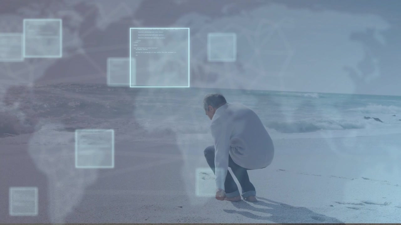 Senior man walking sandy shore, pausing, turning to sea, crouching with tech map UI squares growing