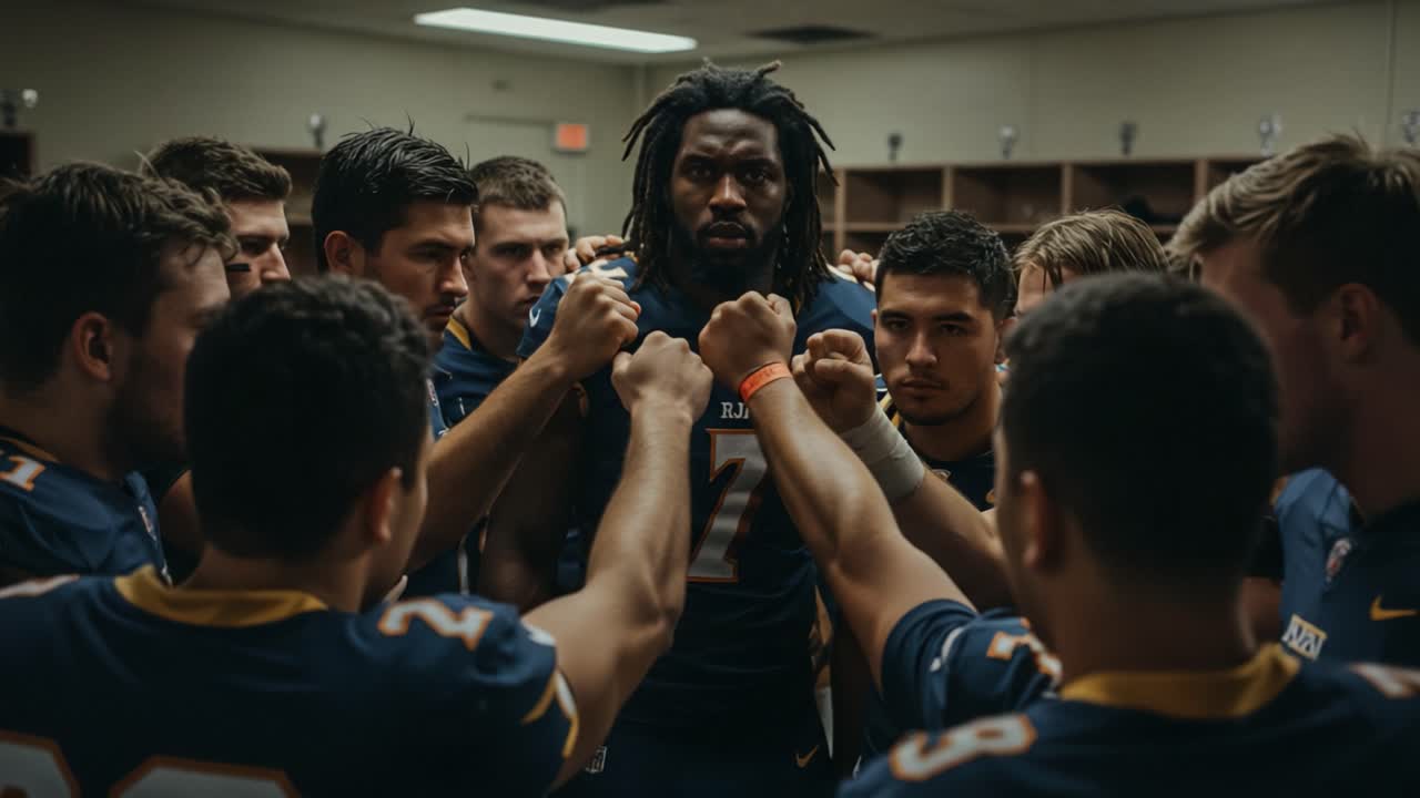 Intense Team Huddle Captures the Spirit of Unity and Determination Among Players in a Dynamic Sports Locker Room Environment