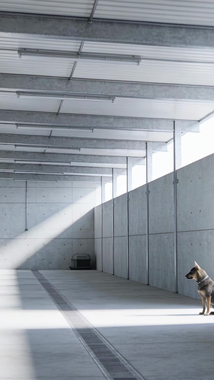 Video vertical: La luz del sol acaricia a un perro que gira la cabeza y observa el desagüe del pasillo del garaje, con espacio para texto.