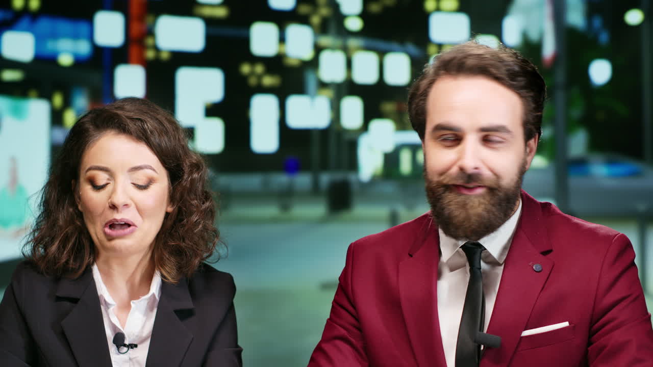 equipo de presentadores de noticias en un programa de entrevistas nocturno