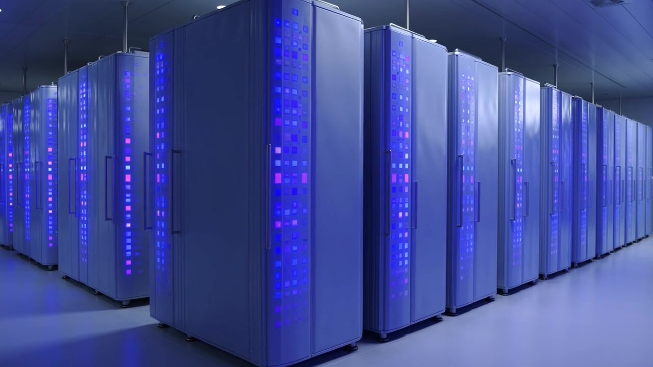 Modern Data Center with Rows of Server Racks and Blinking Lights