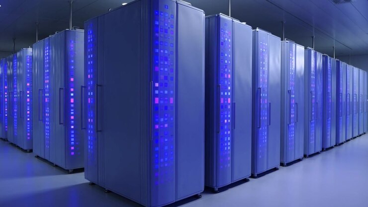 Modern Data Center with Rows of Server Racks and Blinking Lights