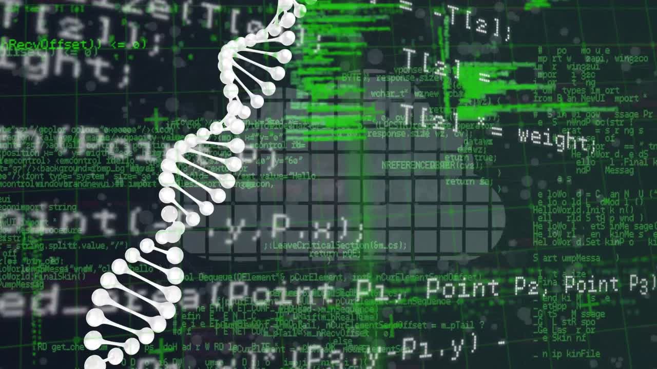 검은색 배경에 있는 dna 줄의 애니메이션과 데이터 처리