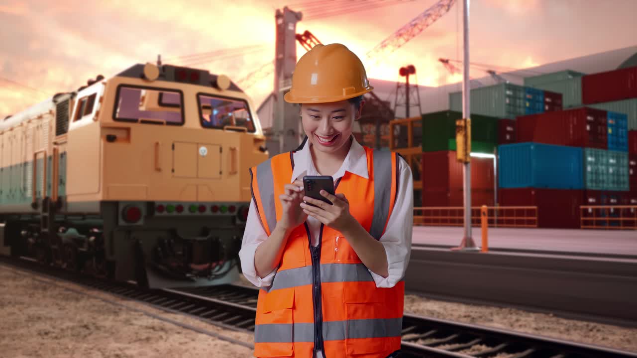 Asian Female Engineer With Safety Helmet Using Smartphone With Freight Cargo Train At Port