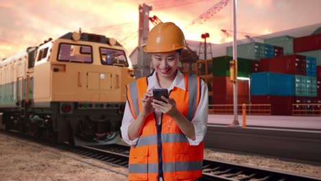 asian female engineer with safety helmet using smartphone with freight cargo train at port