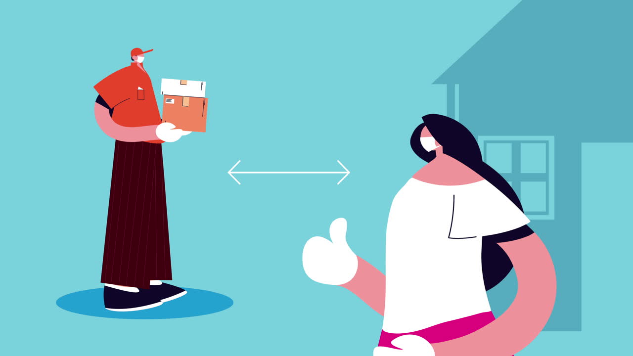 상자 및 고객 애니메이션을 가진 배달 서비스 작업자