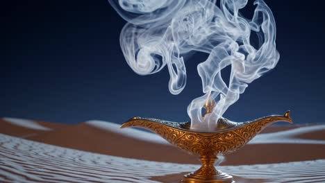 ornate golden genie lamp releasing wisps of white smoke in the desert at night, conjuring a magical and mystical atmosphere filled with wonder and enchantment