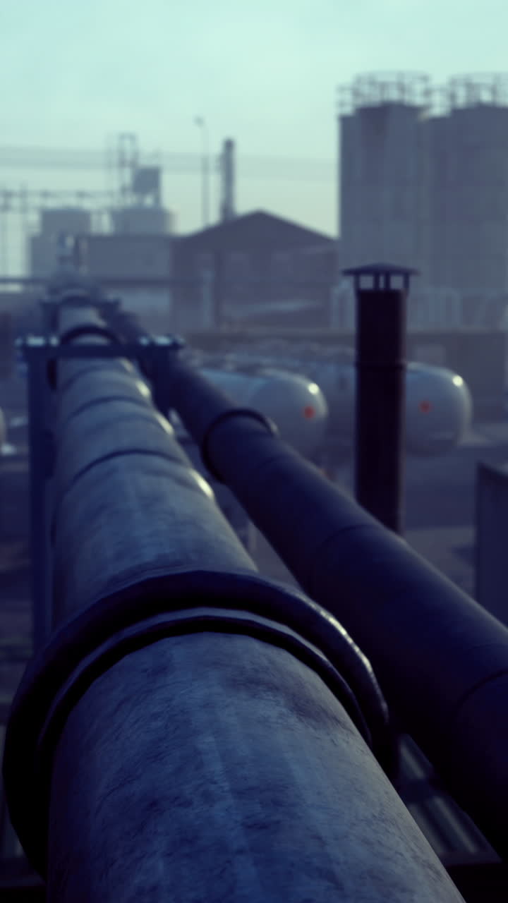Industrial landscape with pipelines and vehicles in a misty environment
