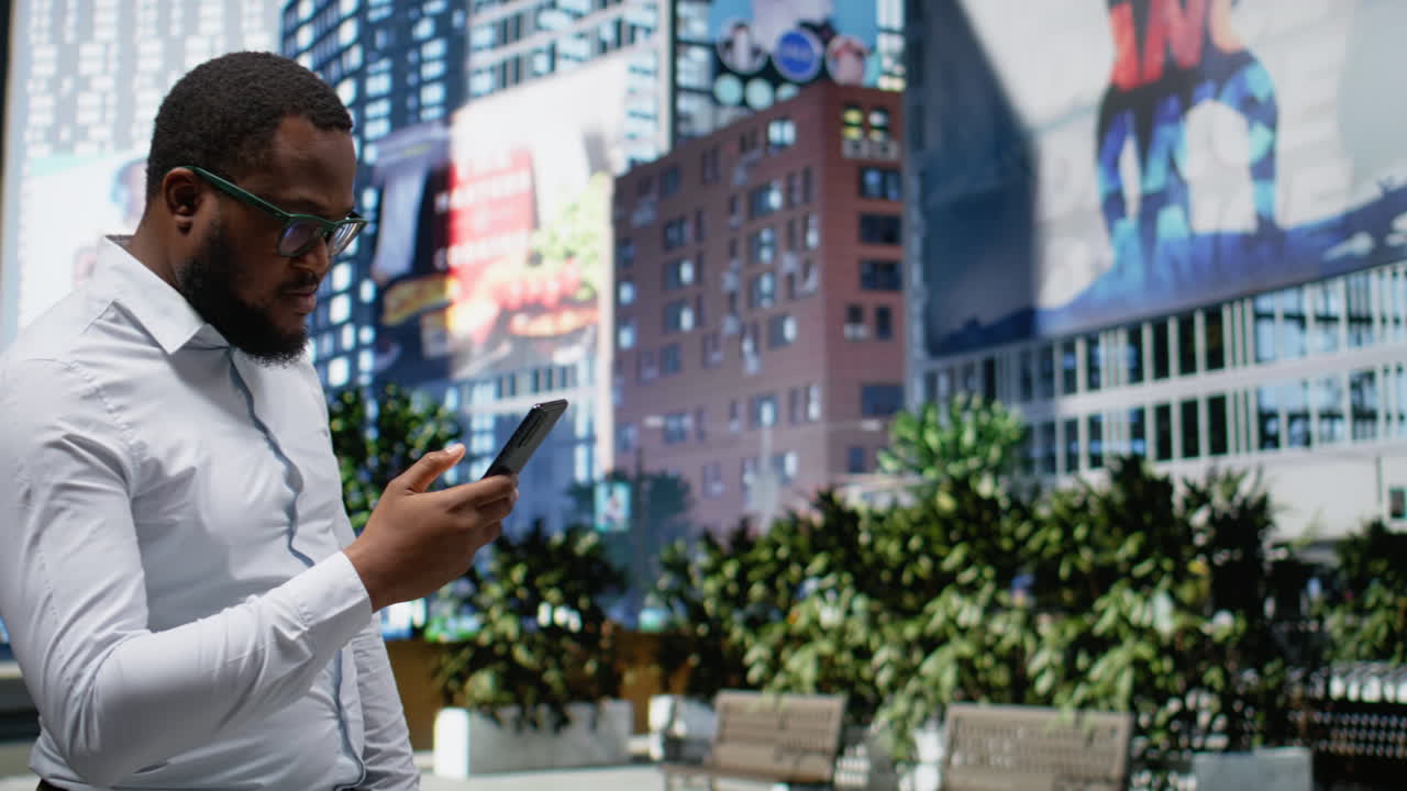 Black pedestrian navigating on smartphone apps and walking with confidence