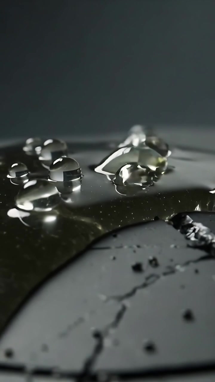 Vertical video: Camera pulling back showing droplet cluster on cracked disk, revealing particles