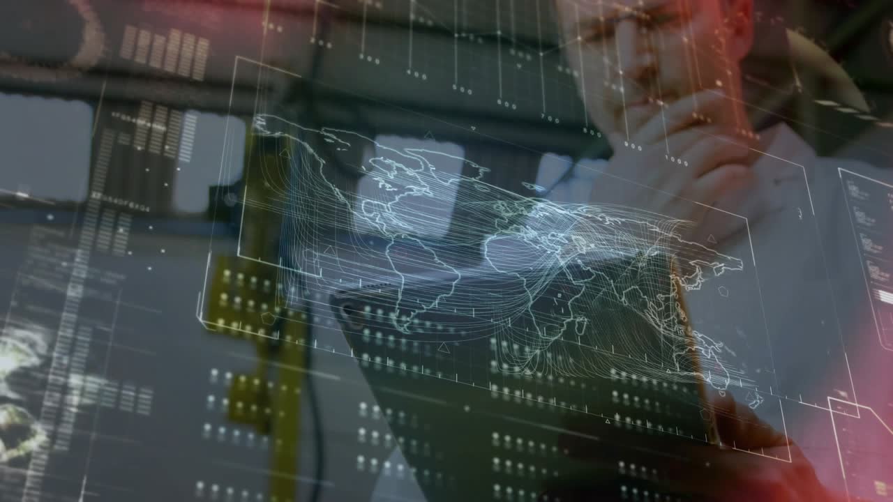 Adult man initiating map with data overlays by raising hand and tapping tablet for data analysis
