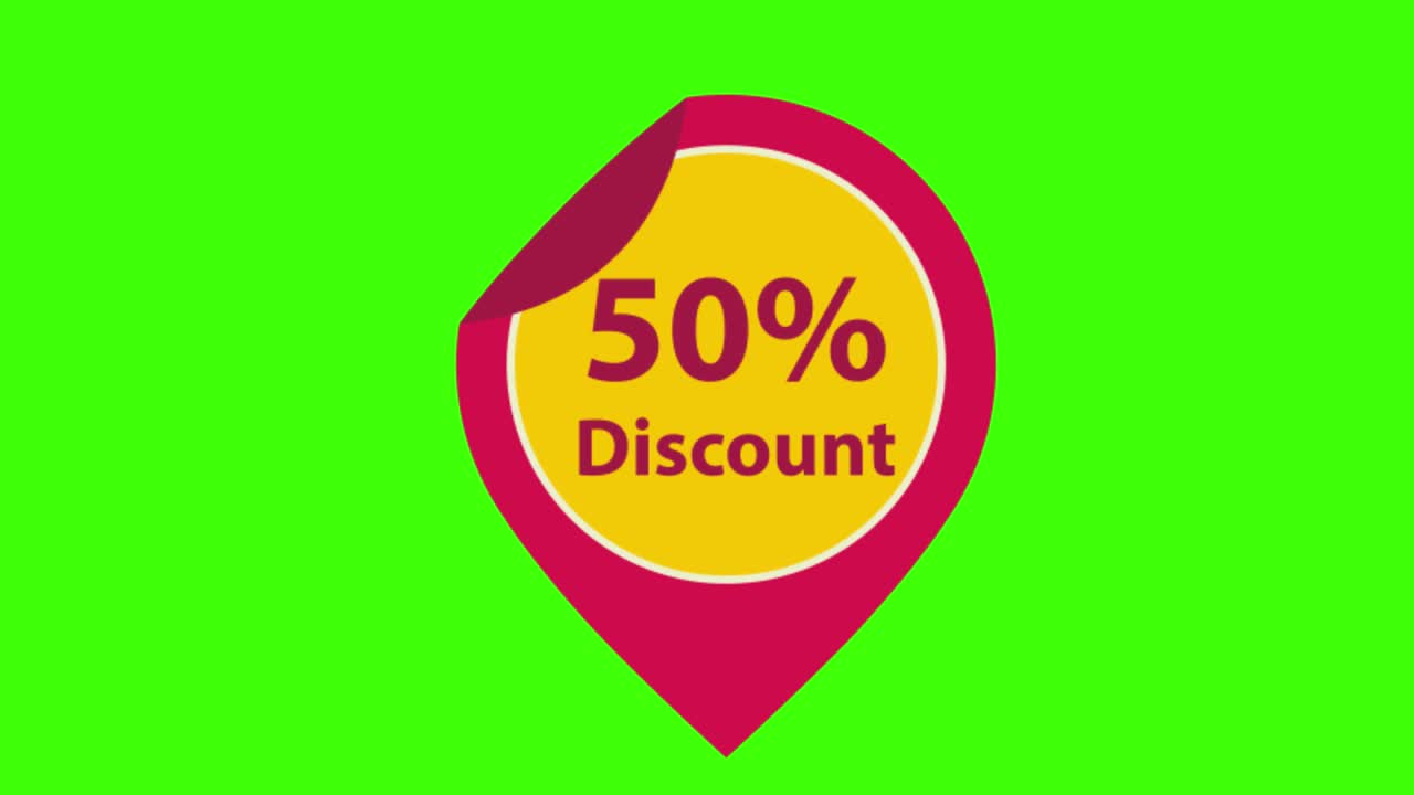 Icona adesivo di un cartello di sconto del 50% su uno schermo verde in 4K.