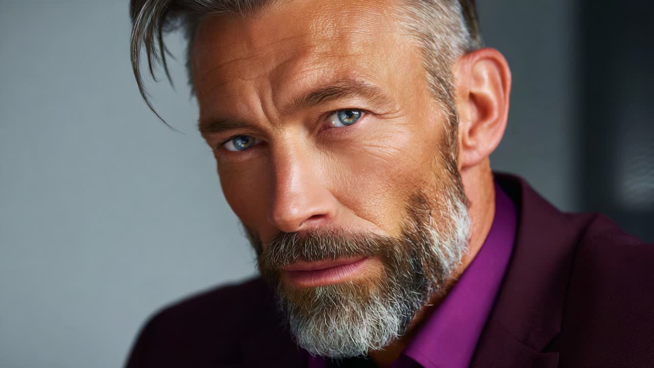 Avvincente primo piano di un uomo maturo con barba curata e occhi espressivi, che emana sicurezza e raffinatezza in un abito su misura