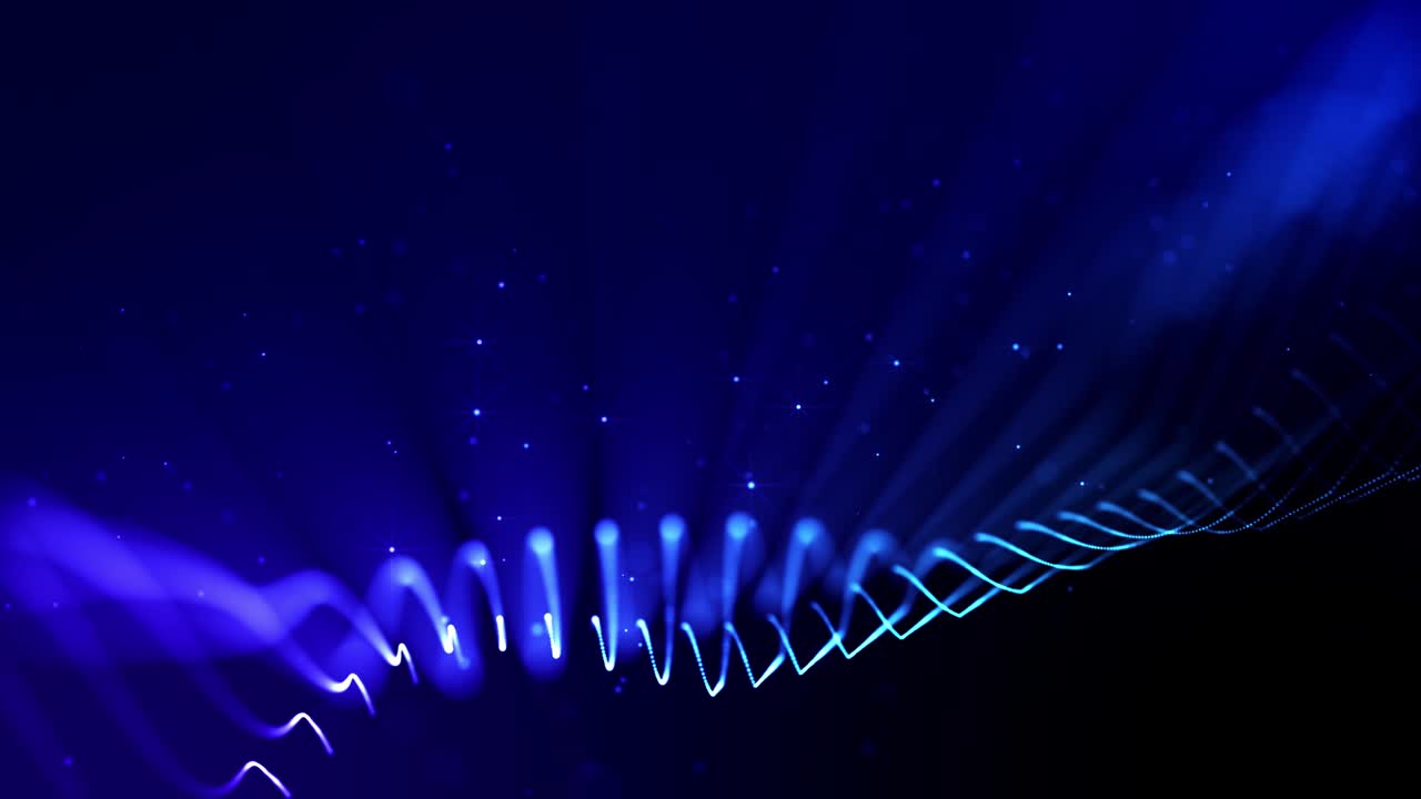 보케와 빛 효과를 가진 4k 루프 과학 소설 입자 배경: 빛나는 파란색 입자가 선, 표면, 미세 세계 또는 공간과 같은 부드러운 움직임으로 복잡한 구조를 형성합니다.