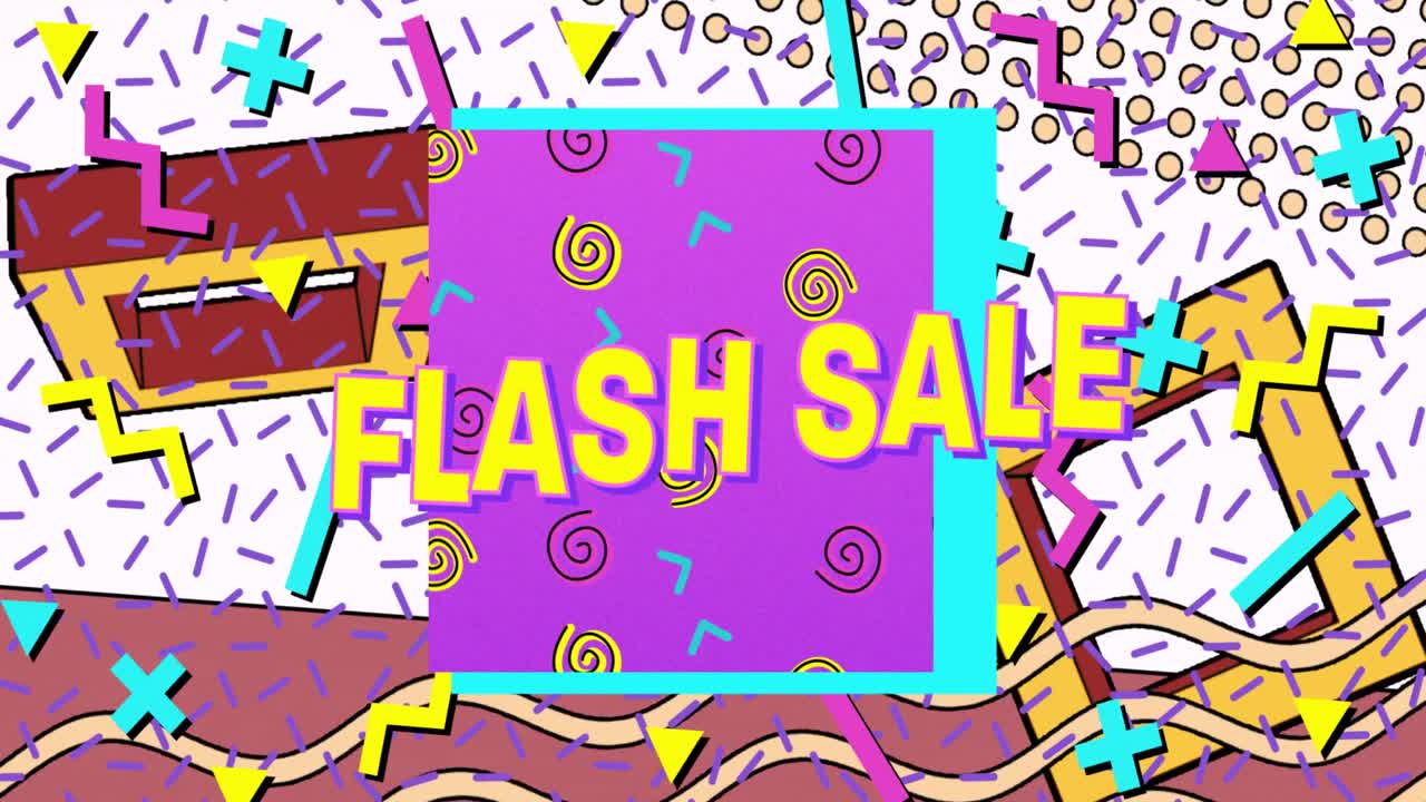 밝은 색의 레트로 패턴 위에 노란색 글자로 플래시 판매 텍스트의 애니메이션