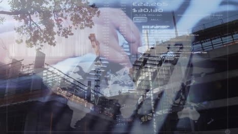 animation of data processing over construction site and person typing on computer keyboard