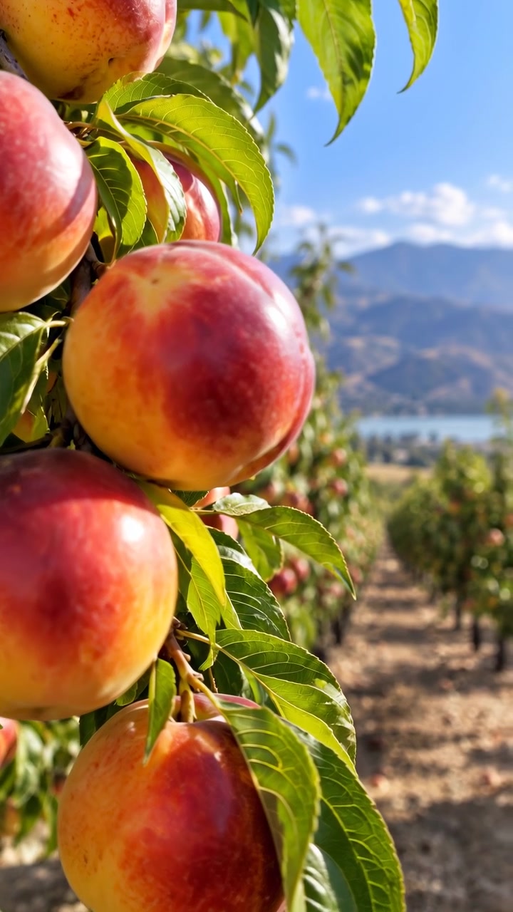 Una ripresa ravvicinata segue grappoli di pesche mature e foglie verdi in piena luce diurna, spostando la messa a fuoco dalla frutta in primo piano verso i filari del frutteto con acqua blu e paesaggi montani sullo sfondo