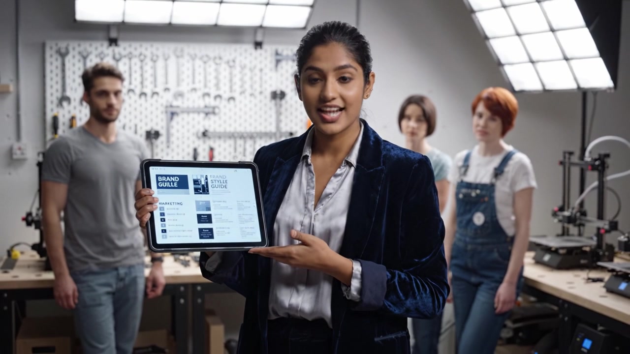 Presentatore coinvolgente mostra una guida di marketing digitale su tablet in studio con un team di supporto, evidenziando collaborazione e strategie di design creativo per il successo
