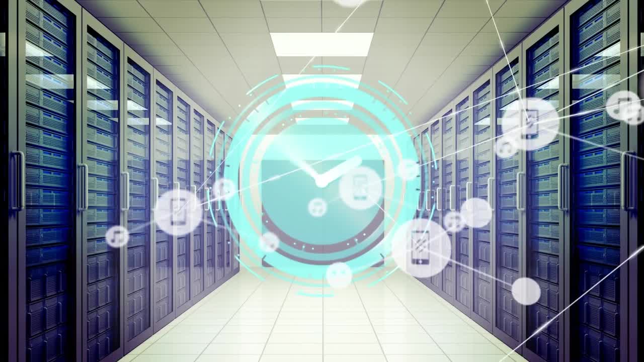 animación de reloj de neón y red de iconos digitales contra la sala de servidores de computadoras