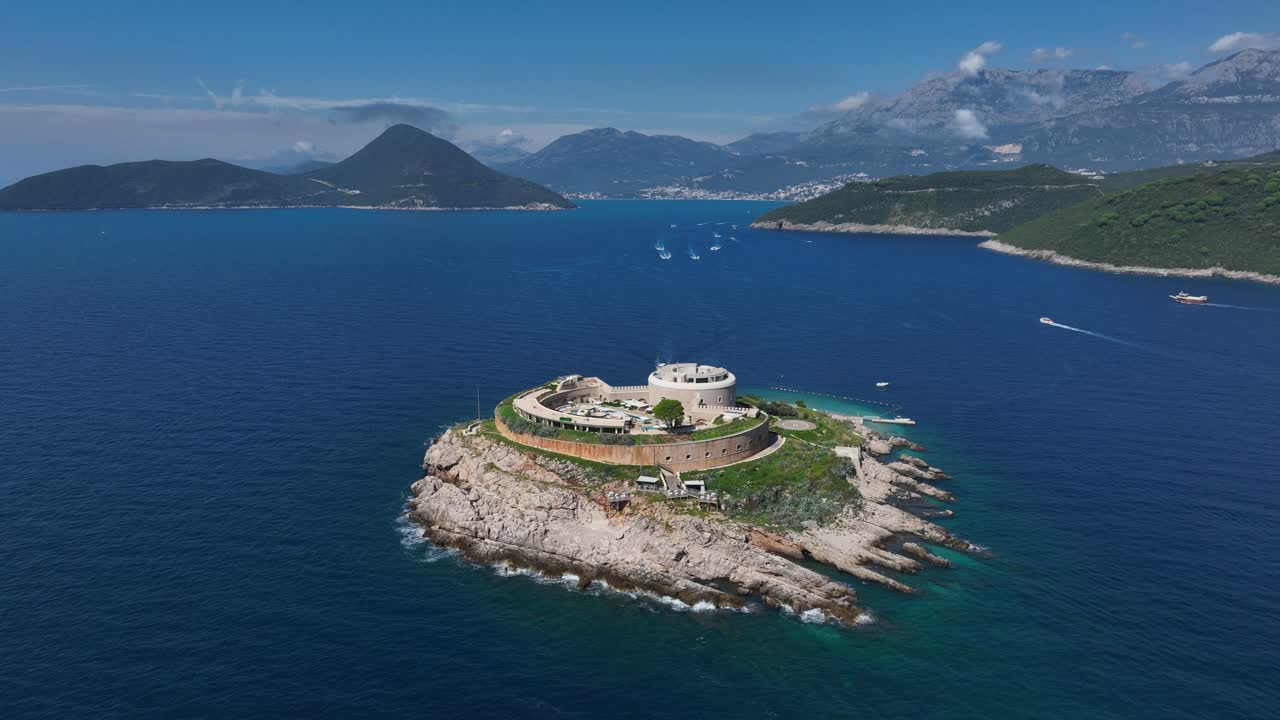 Aerial Orbit around the Mamula Island Hotel in Montenegro's Boka Bay