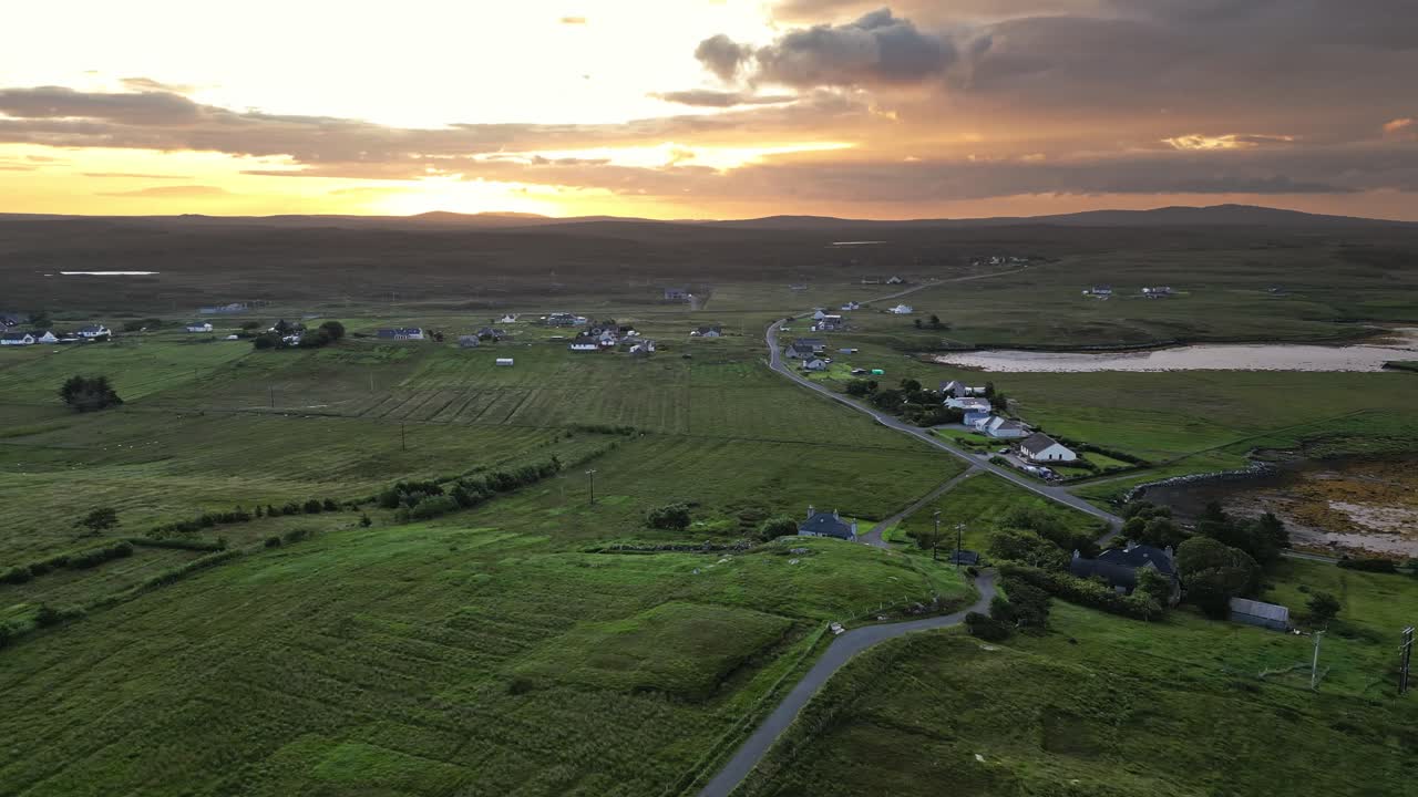Aerial View of a Peaceful Scottish Village at Sunset