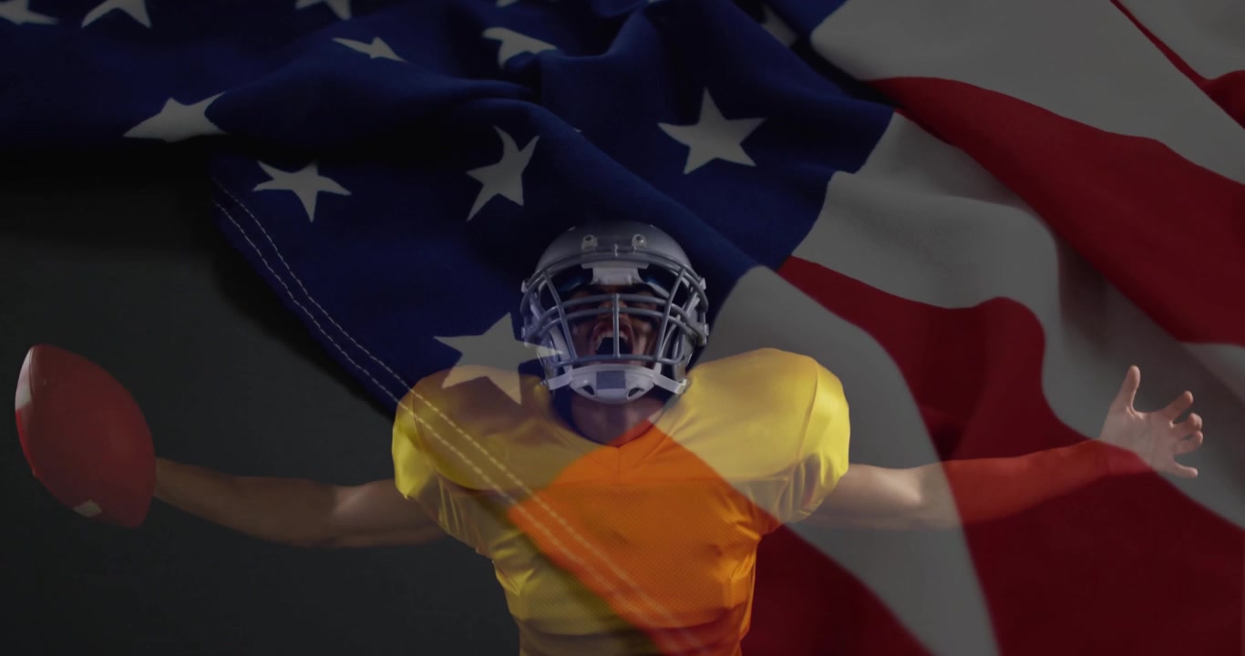 Bandiera degli Stati Uniti che sventola, giocatore di football americano che indossa una maglia gialla con animazione.