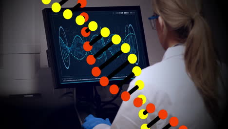 dna strand animation over scientist analyzing data on computer screen