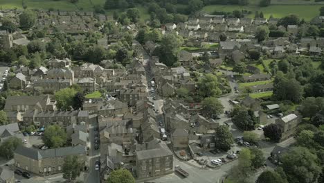 an aerial view of the yorkshire town of pateley bridge on a cloudy summer morning, england, uk