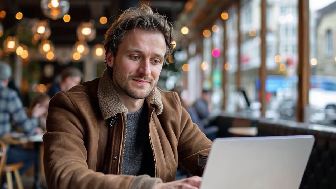 Man working on laptop in a cafe