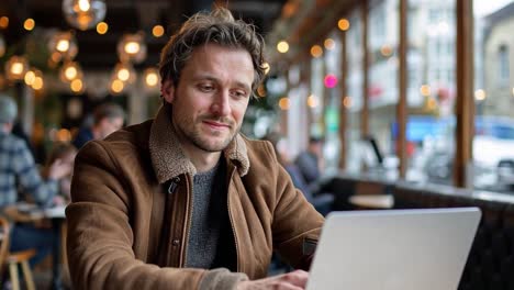 man working on laptop in a cafe