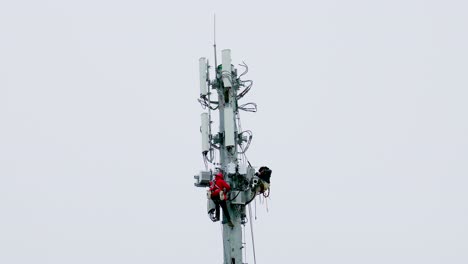 electricians are doing repairs on network tower poles to install and upgrade equipment