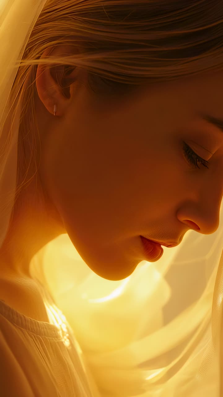 Vertical video: Breathing woman lowering gaze as warm light shifts, veil brushing earring at studio