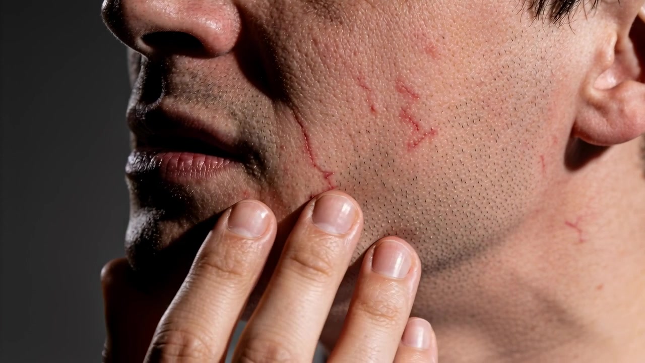 Noticing red lines, man pressing, sliding right fingers along left cheek in studio, revealing marks