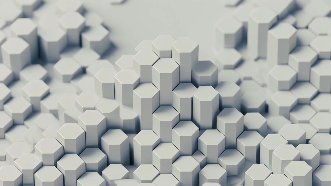 Abstract 3D Animation of Rising White Hexagonal Pillars