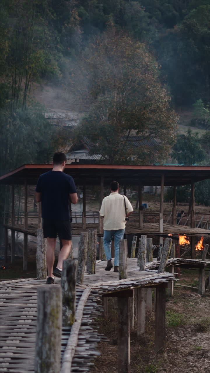 People walking on a bamboo bridge