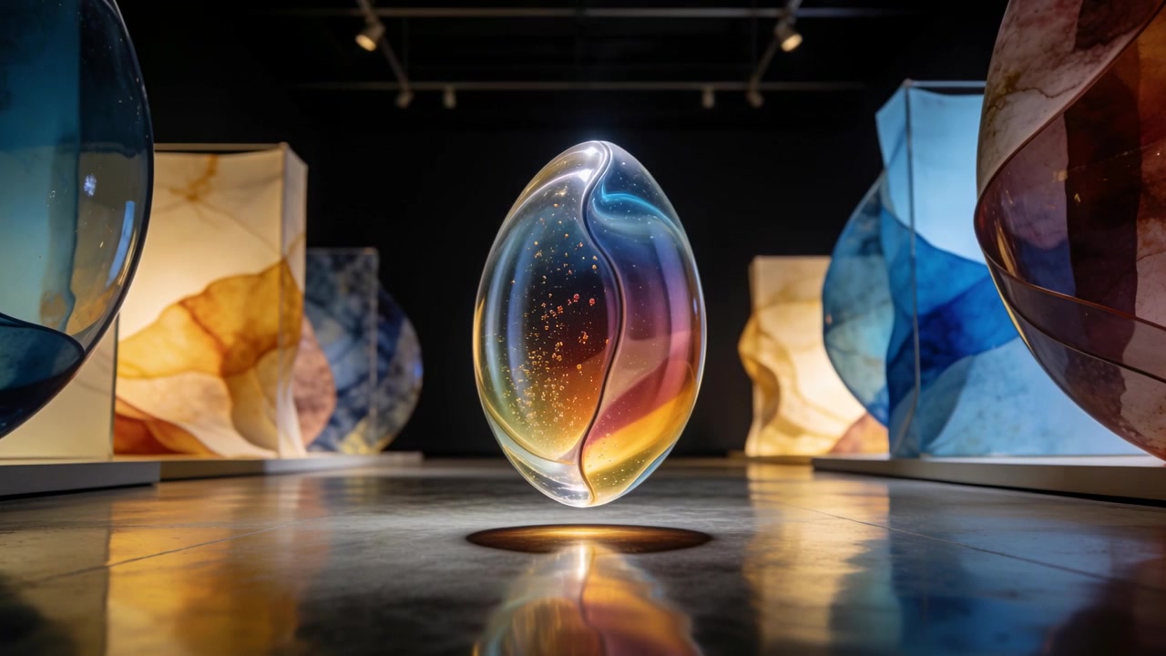 Scultura a forma di uovo luminoso levitante e rotante che scende verso il suo riflesso in una galleria, con colori cangianti.