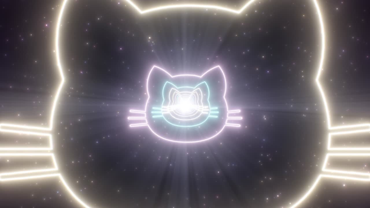 고양이 얼굴 모양 윤 빛 네온 빛 터널 형광 포털 - 4k 원활한 vj 루프 모션 배경 애니메이션